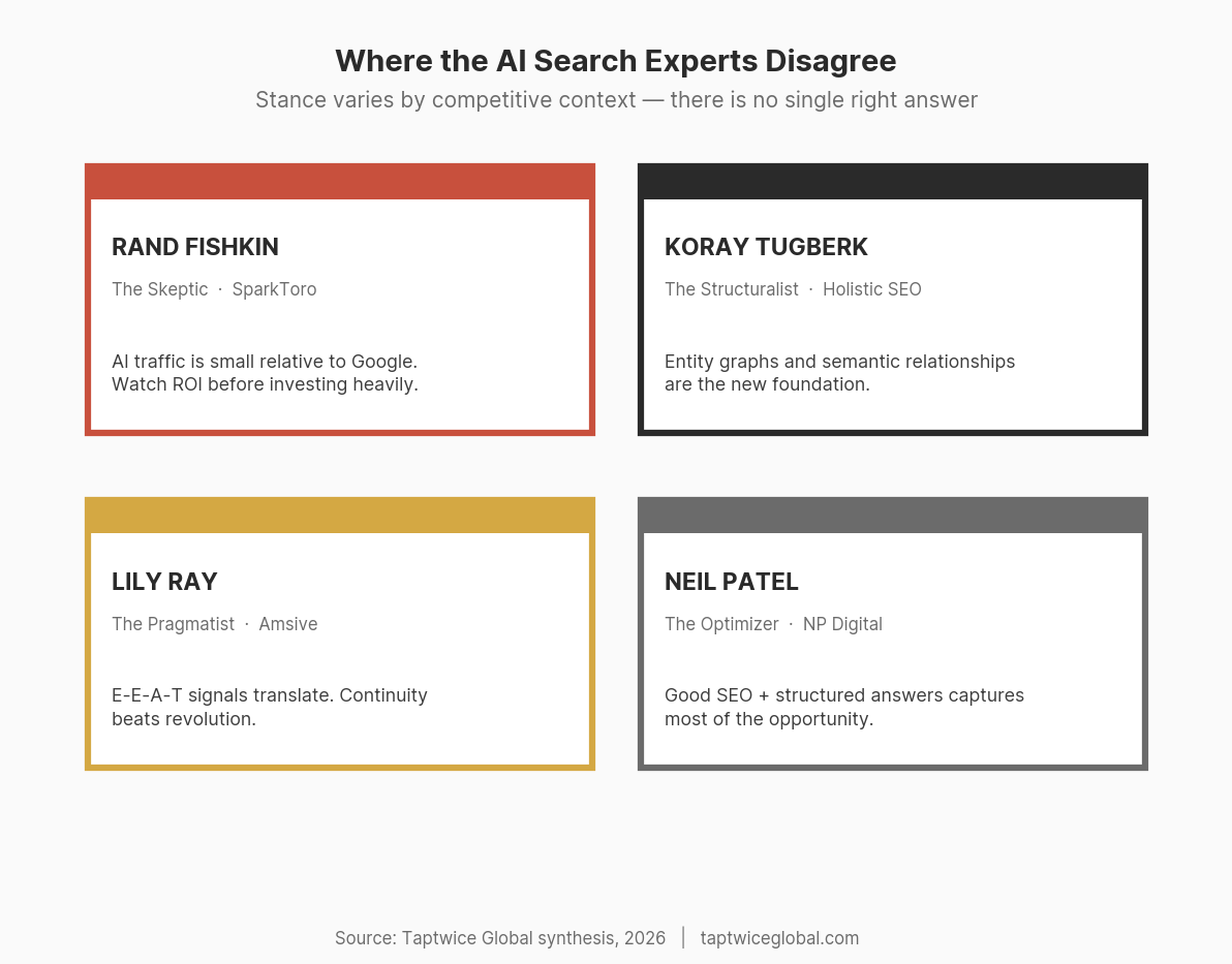 Four expert positions on AI search optimization: Rand Fishkin the skeptic, Koray Tugberk the structuralist, Lily Ray the pragmatist, Neil Patel the optimizer